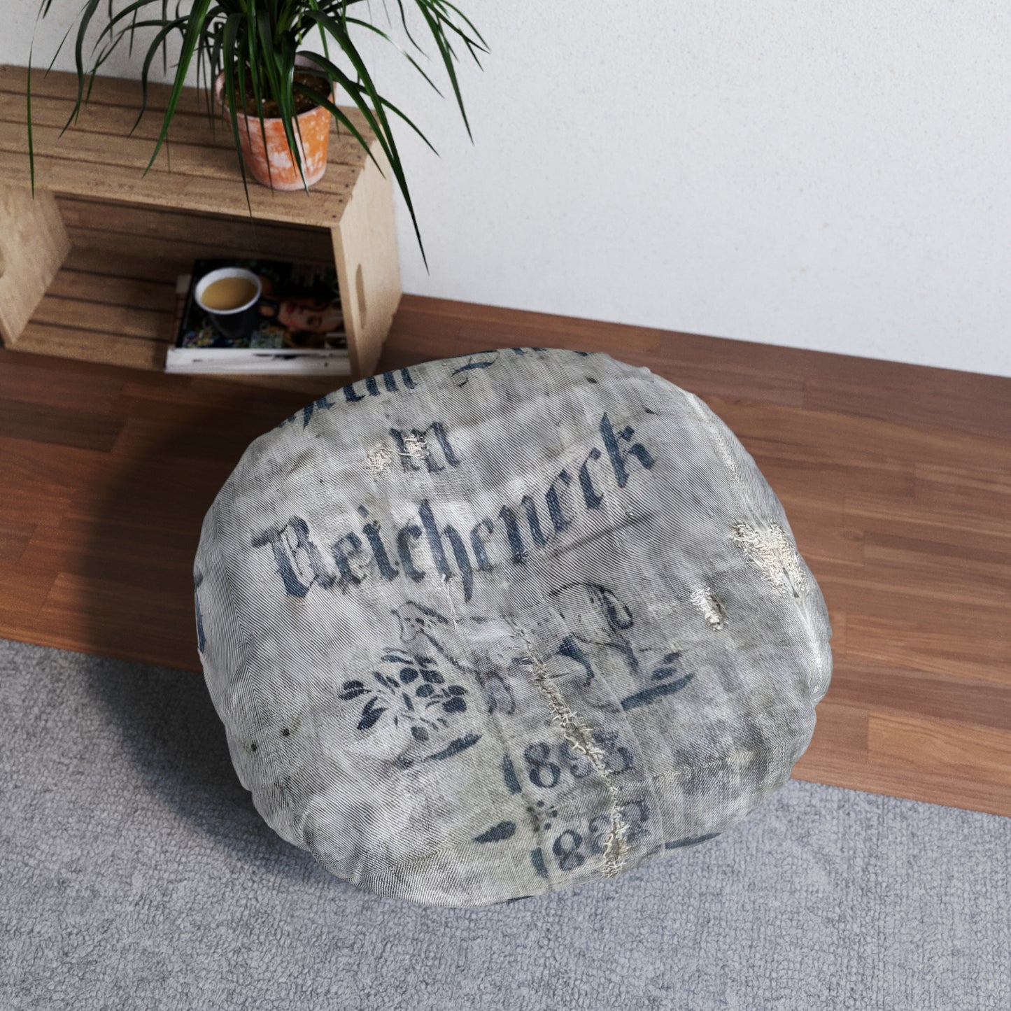 Floor Pillow Tufted Antique German Grain Sack Sheep Image 30 x 30
